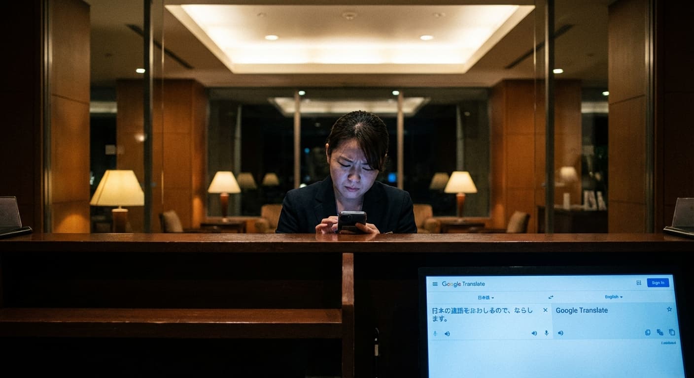 Hotel front desk staff manually handling WhatsApp messages with Google Translate open at night